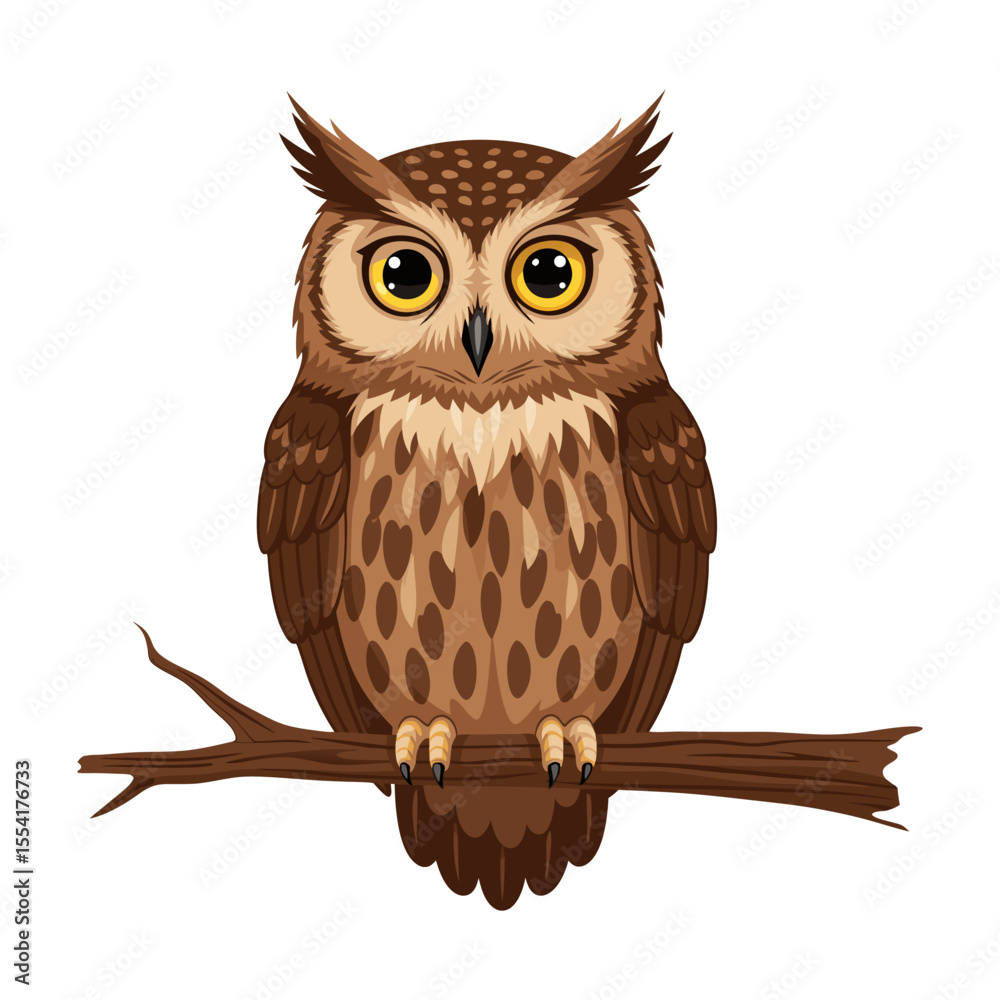 Naklejka premium A little brown owl with big yellow eyes sits on a branch, a cute wildlife illustration