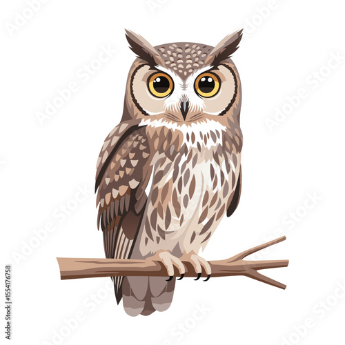 Wise Owl Perched on Branch Vector Illustration - Big Eyed Nocturnal Bird Graphic