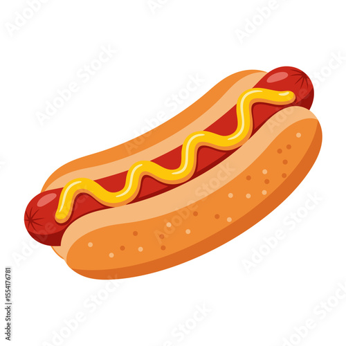A vibrant cartoon hot dog with mustard and ketchup on a bun is a delicious and classic fast food meal illustration
