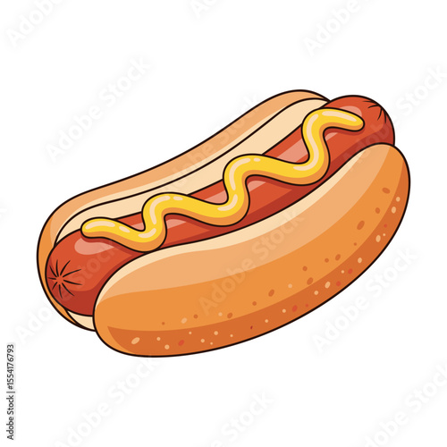 A cartoon vector illustration of a hot dog with mustard on a bun