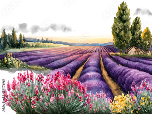 Watercolor serene lavender landscapes, imagery where glowing lavender fields stretch infinitely under an aurora borealis-like sky Lavender Farming and Agriculture Nature and Scenic Landscapes