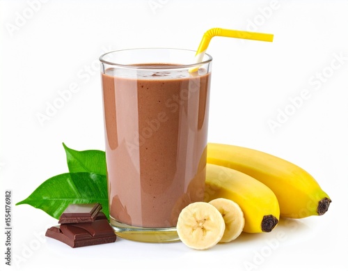 A delicious chocolate banana smoothie is presented in a glass with a yellow straw next to fresh bananas and dark chocolate against a clean white background.