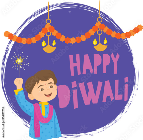 Happy Diwali Hindu Illustration with Fireworks Background for Light Festival of India.