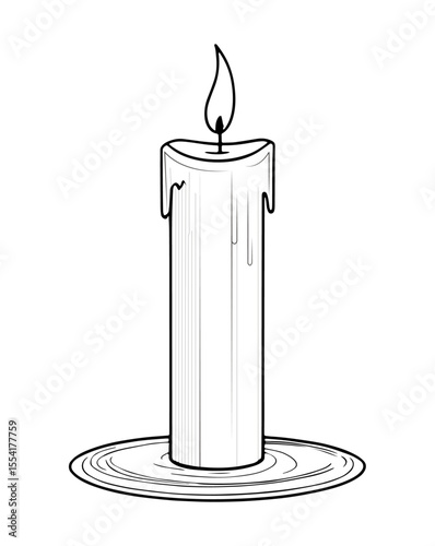 Burning Candle on Plate – Black and White Line Drawing