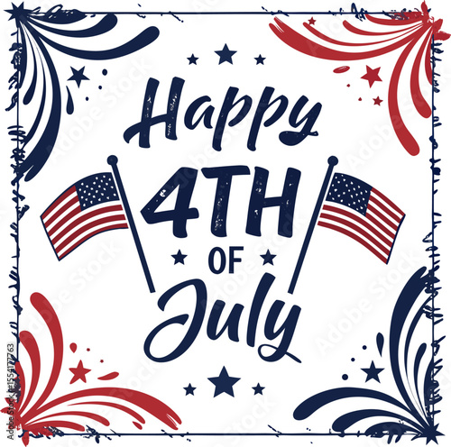 Happy Independence day, 4th July national holiday. Festive greeting card, invitation with hand drawn fireworks in USA flag colors. Vector illustration background, web banner.