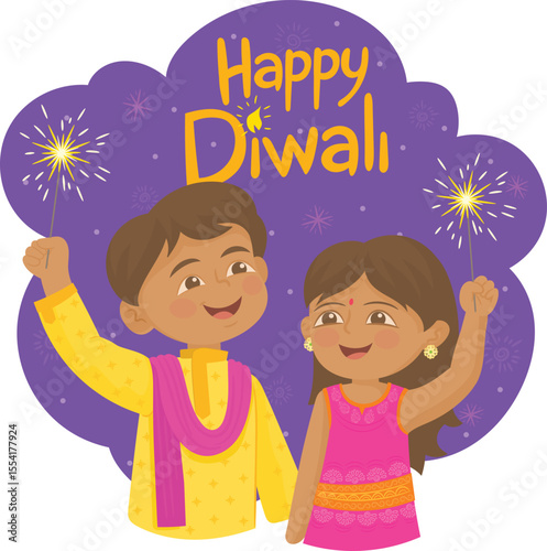 Happy Diwali Hindu Illustration with Fireworks Background for Light Festival of India.