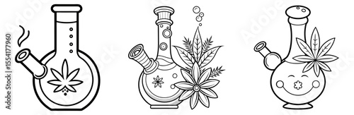 Cannabis Bong Vector Set: Water Pipe, Marijuana, Smoking, Herbal Medicine, Outline Icon