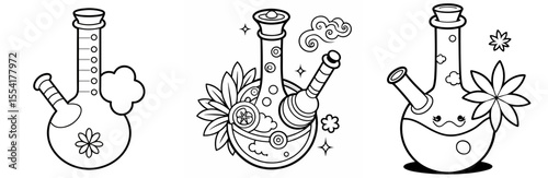 Cannabis Bong Vector Set: Water Pipe, Marijuana, Smoking, Herbal Medicine, Outline Icon