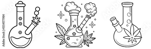 Cannabis Bong Vector Set: Water Pipe, Marijuana, Smoking, Herbal Medicine, Outline Icon