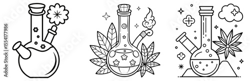 Cannabis Bong Vector Set: Water Pipe, Marijuana, Smoking, Herbal Medicine, Outline Icon