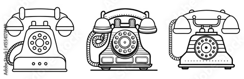Vintage Rotary Telephone Vector Set: Retro, Old Style, Communication, Dial, Line Art Icon