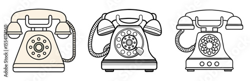 Vintage Rotary Telephone Vector Set: Retro, Old Style, Communication, Dial, Line Art Icon