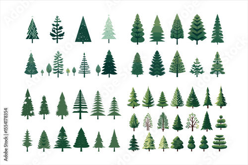 set of pine trees, tree, winter, forest, snow, pine, vector, fir, nature, holiday, illustration, landscape, celebration, season, green, wood, decoration, trees, spruce, scene, design, evergreen, conif