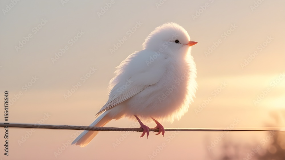Obraz premium fluffy white bird perched on a thin wire at sunrise, soft golden light illuminating the bird’s feathers