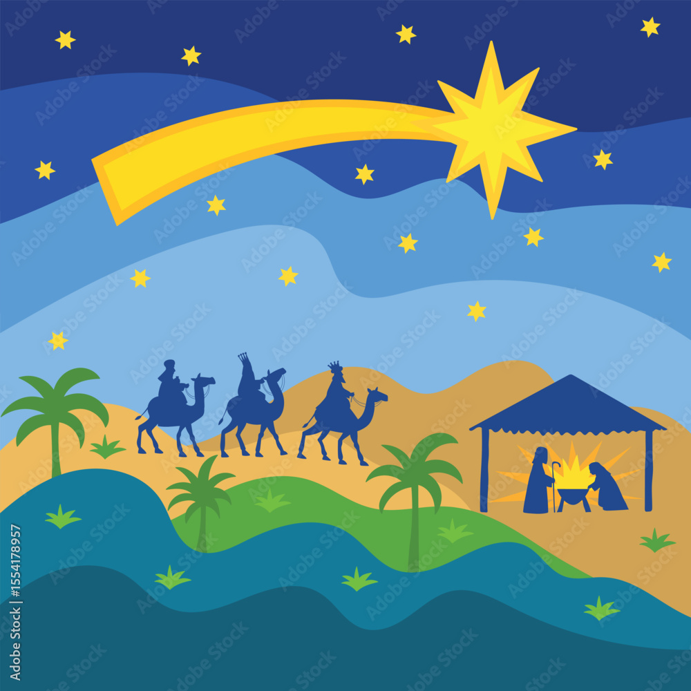 Obraz premium Illustration of full nativity scene including Mary, Joseph and baby Jesus.