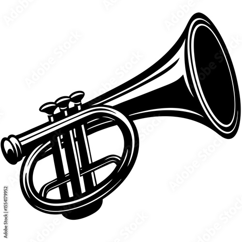 Stylized black and white illustration of a trumpet musical instrument