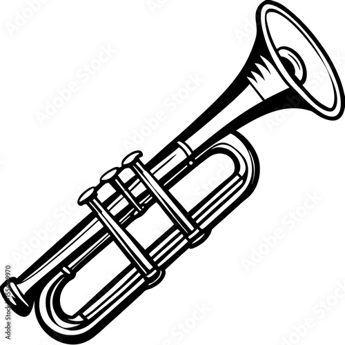 Black and white illustration of a classic trumpet on a white background