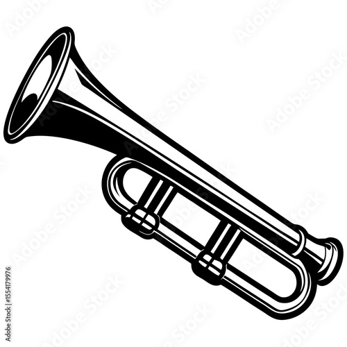 Black and white graphic illustration of a classic trumpet musical instrument