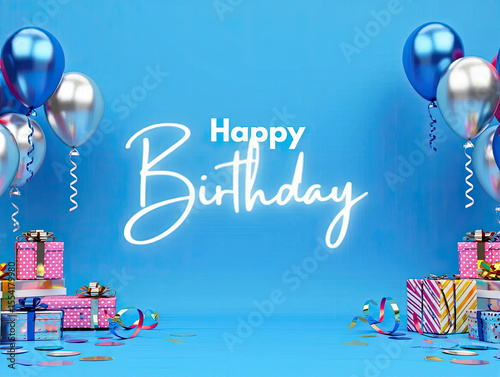 A festive flat-lay or stylized setup focused on a boy’s birthday decor scene. Centered in the background is a hanging garland with “Happy Birthday” in blocky, colorful letters made of felt, foam, or p