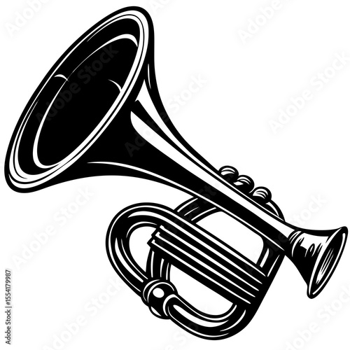 Stylized black and white illustration of a brass trumpet musical instrument