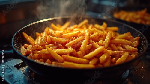 Golden crispy french fries sizzling in a pan with steam rising up