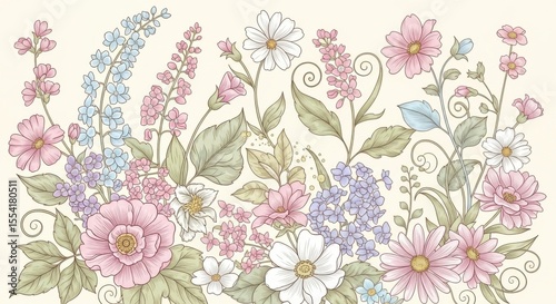 Delicate Pastel Floral Arrangement with Various Blooming Flowers and Greenery