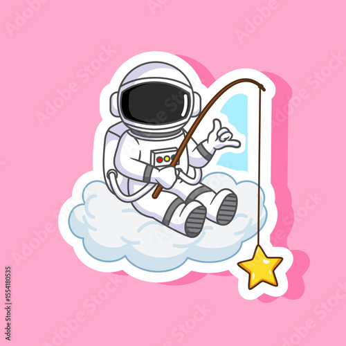 Sticker of Astronaut Fishing for a Star on a Cloud Vector Illustration Cartoon Design