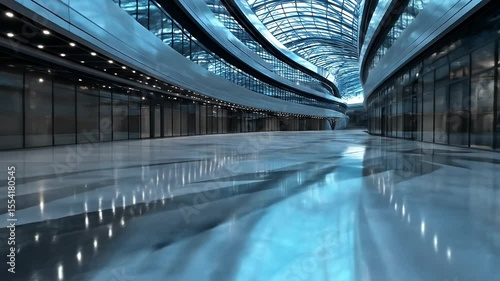 Spacious Modern Architecture with Reflected Ceiling Lights in an Empty Hallway with Polished Floors Featuring Contemporary Interior Design and Geometric Elements
