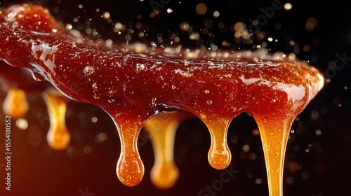 Caramelized Splendor: A viscous cascade of amber delight against dark backdrop