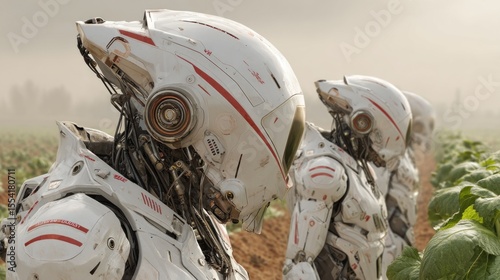 Futuristic agricultural robots tending to crops in a field on a hazy day