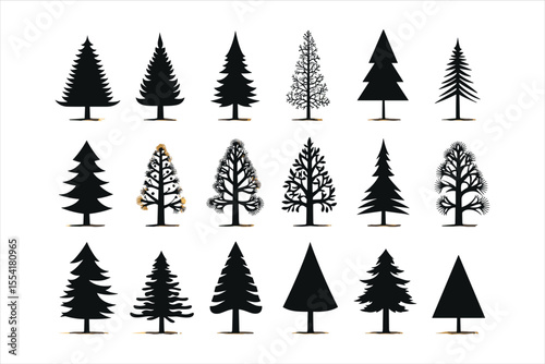 set of forest trees, tree, winter, forest, holiday, nature, illustration, fir, vector, pine, snow, trees, decoration, green, season, celebration, design, landscape, pattern, xmas, wood, silhouette, se