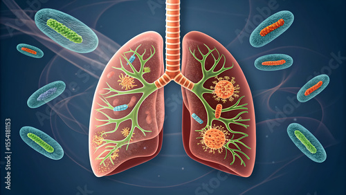 Image illustrates detailed view of human lungs with various microorganisms, emphasizing medical theme of respiratory health. It highlights