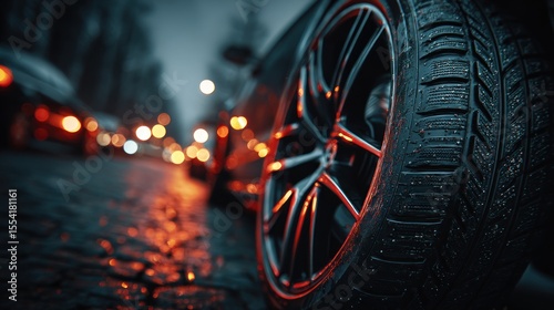 Close-up shot of a car tire on a wet cobblestone street at night