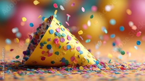 Vibrant Celebration of Joy: Party Hat with Cascade of Colorful Confetti