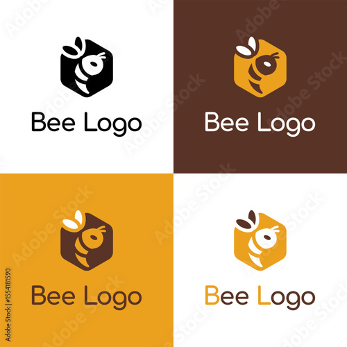 Bee in honeycomb logo. Simple sign for advertising honey goods, bee products. Vector illustration.