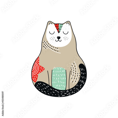 Cat with its eyes closed. Cute silhouette of a cat. Ethnic motives