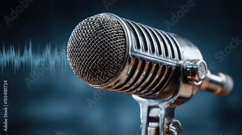 Classic Microphone Emitting Sound Waves Against a Dim Blue Background