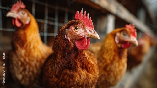 Close-up of curious, brown chickens in a row, looking out from a coop