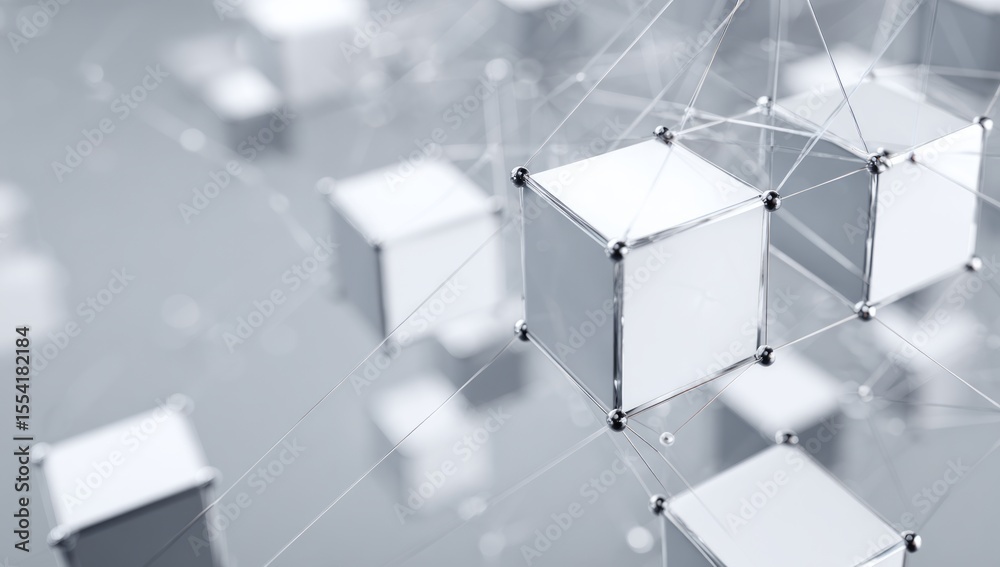 Fototapeta premium Abstract white background with cubes connected by wire, forming a geometric structure. White and gray color scheme for a clean look.