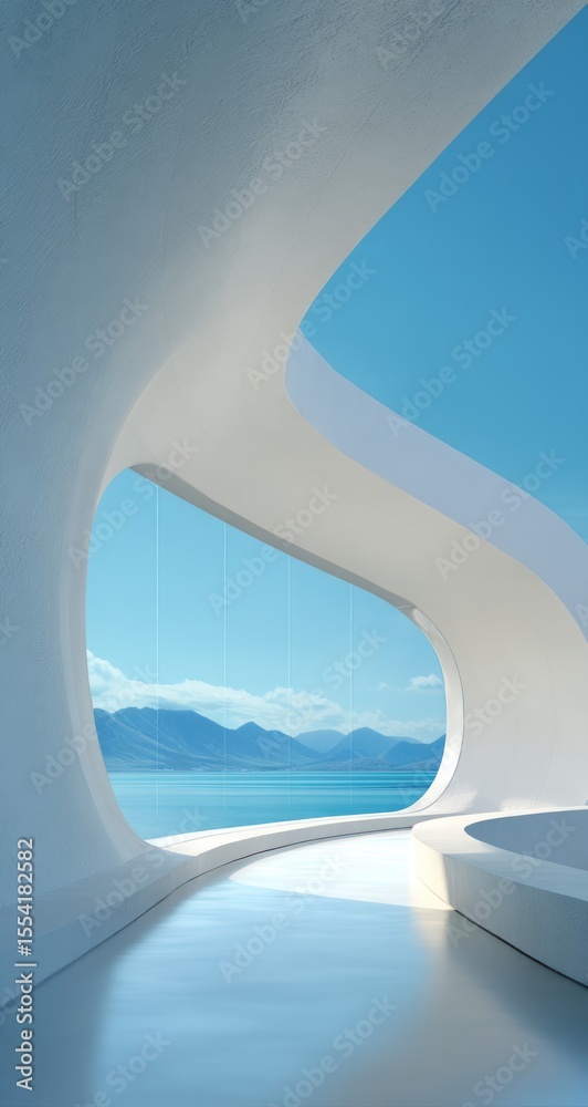 Fototapeta premium White curved ceiling, white floor, sky blue background wall, distant view of the sea and mountains outside the window, futuristic-style architecture.