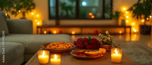 Diwali table, Indian food, lights.