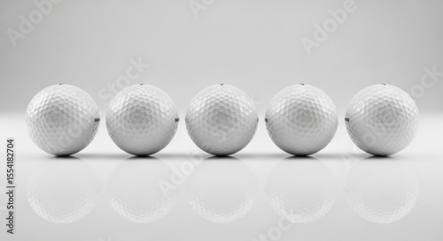 Five perfectly aligned white dimpled golf balls on a reflective surface in a studio setting