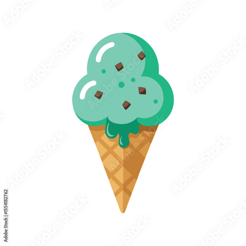 Mint Chocolate Chip Ice Cream – Triple Scoop in Waffle Cone with Melting Drip
