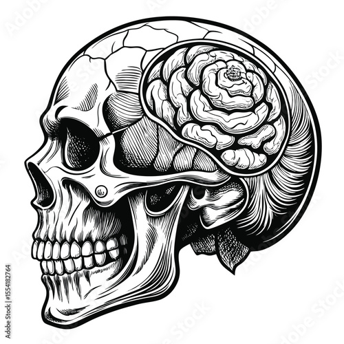 Vector illustration of a human skull with an intricate brain design, blending medical anatomy with decorative art and tribal patterns
