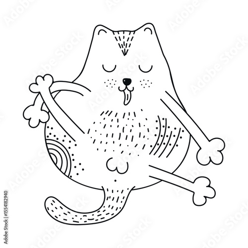 Cat that licks itself. Cute silhouette of a cat. Ethnic motives. Hand-drawn drawings