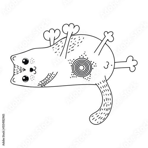 The cat is lying on its back. Cute silhouette of a cat. Ethnic motives. Hand-drawn drawings