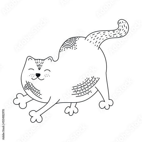 The cat stretches. Cute silhouette of a cat. Ethnic motives. Hand-drawn drawings
