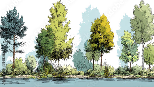 Minimal style cad tree line, Side view, set of graphics trees Minimal style cad tree line, Side view, of graphics trees tree sketches, silhouette tree vector element