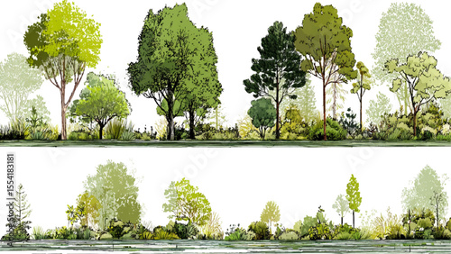 Architectural Drawings, Minimal style cad tree line drawing, Side view, set of section, Vector illustration of minimal tree line drawing, oak and tropical trees,