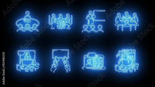 Group of business productivity icons in blue glowing neon theme for office and technology use